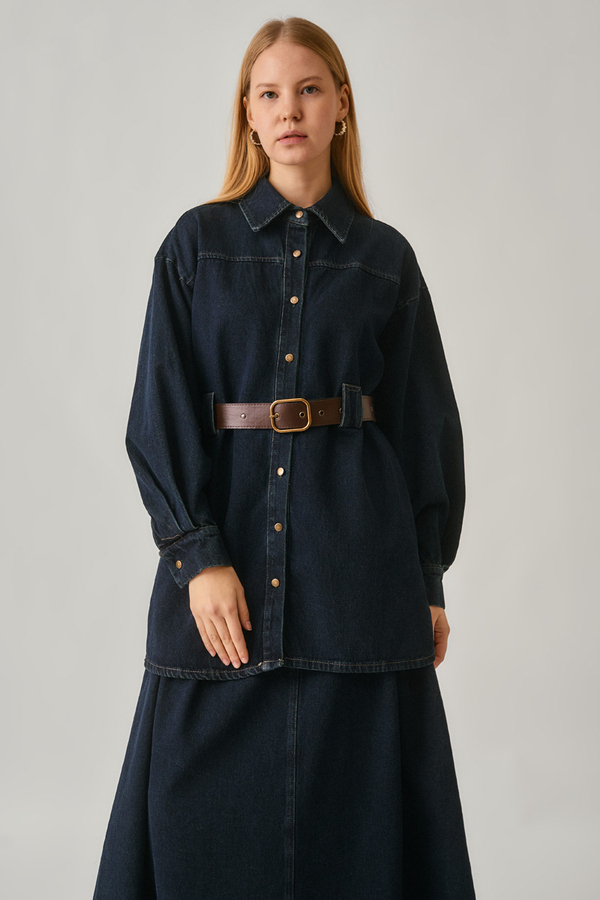 Denim Shirt with Leather Belt Dark Blue - 2