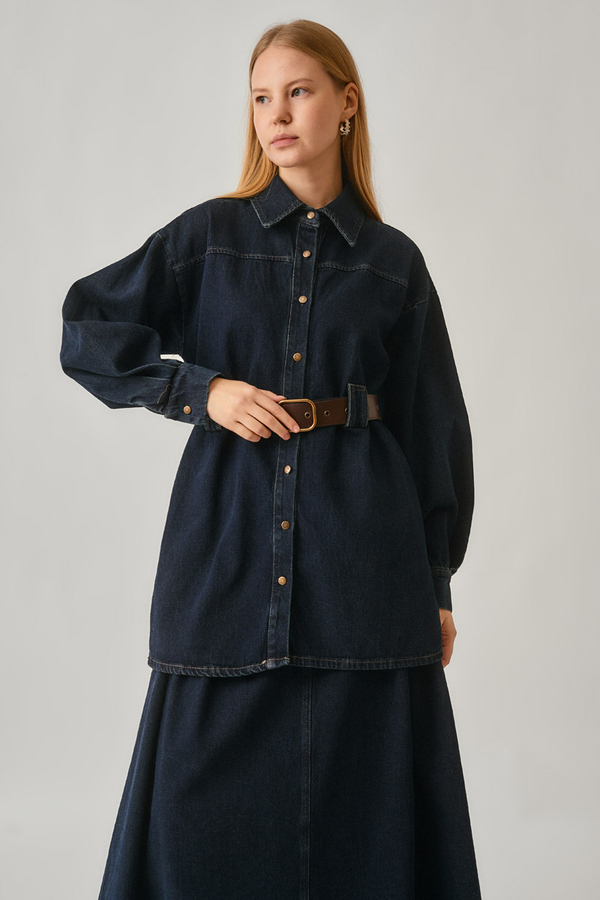 Denim Shirt with Leather Belt Dark Blue - 4