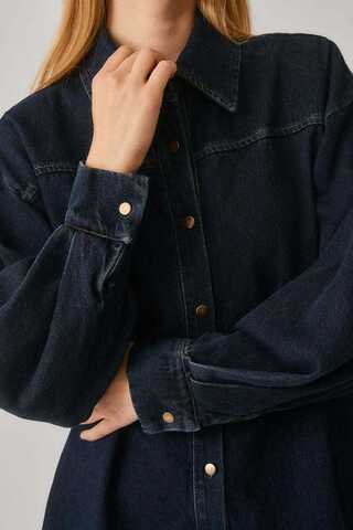 Denim Shirt with Leather Belt Dark Blue - 10