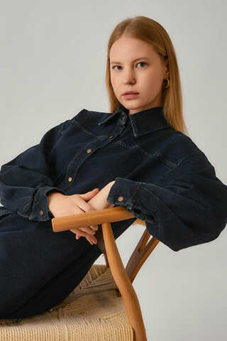 Denim Shirt with Leather Belt Dark Blue - 9