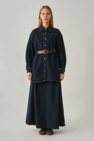 Denim Shirt with Leather Belt Dark Blue - 11