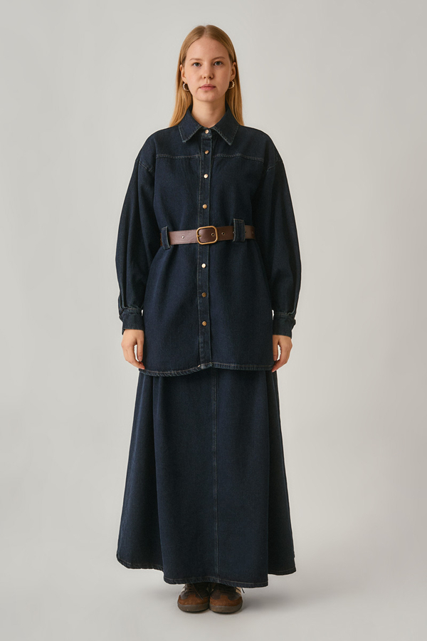 Denim Shirt with Leather Belt Dark Blue - 11