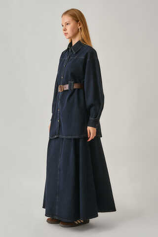 Denim Shirt with Leather Belt Dark Blue - 5