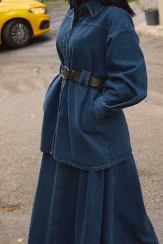 Denim Shirt with Leather Belt Light Blue - 8