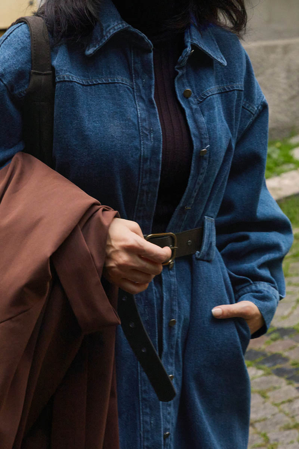 Denim Shirt with Leather Belt Light Blue - 4