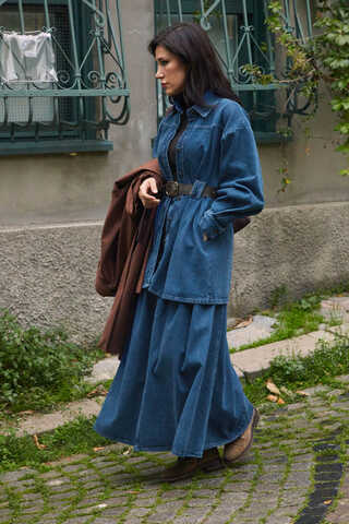 Denim Shirt with Leather Belt Light Blue - 5