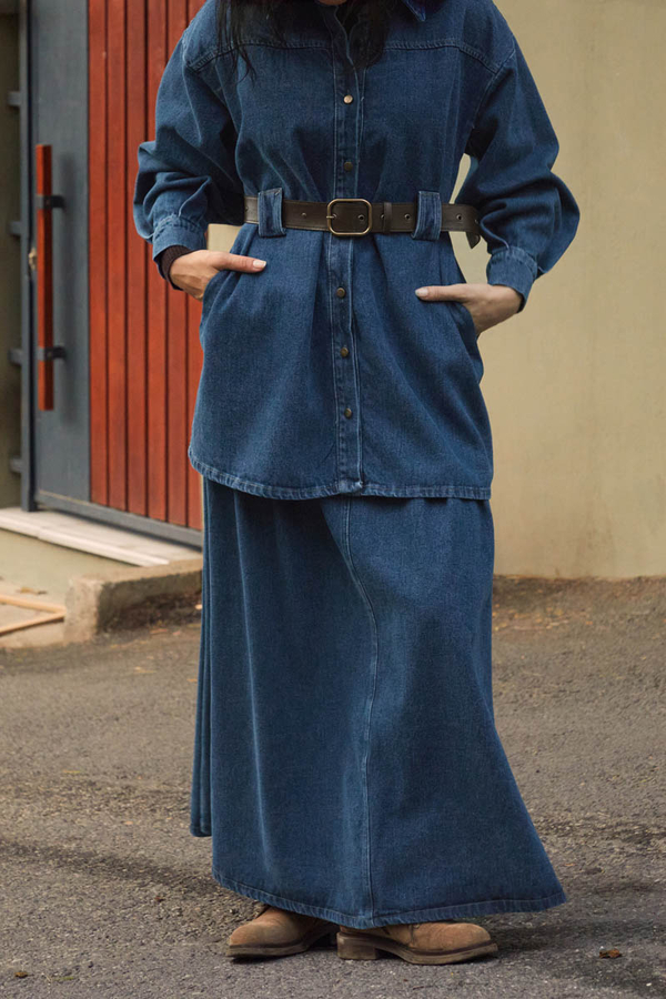 Denim Shirt with Leather Belt Light Blue - 2