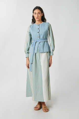 Denim Yelekli Elbise Takım Mint - 11