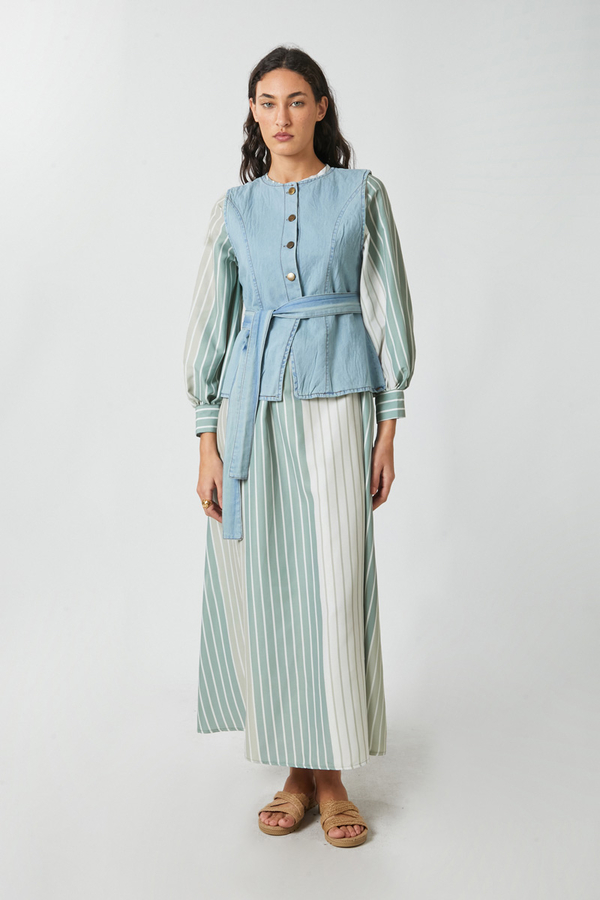 Denim Yelekli Elbise Takım Mint - 11