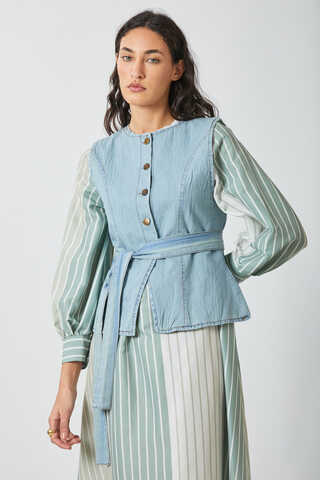 Denim Yelekli Elbise Takım Mint - 12
