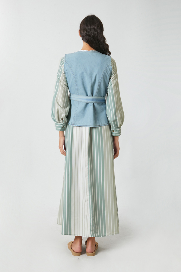 Denim Yelekli Elbise Takım Mint - 13