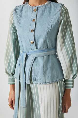 Denim Yelekli Elbise Takım Mint - 14