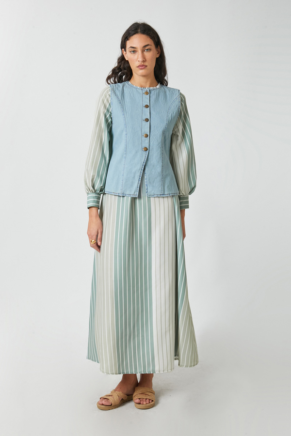 Denim Yelekli Elbise Takım Mint - 15