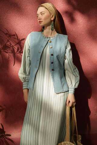 Denim Yelekli Elbise Takım Mint - 6