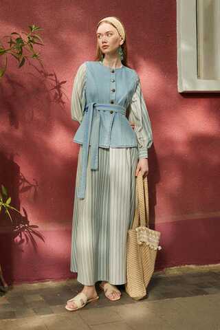 Denim Yelekli Elbise Takım Mint - 1