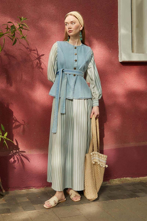Denim Yelekli Elbise Takım Mint - 1