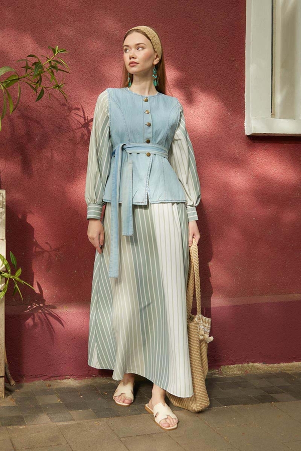 Denim Yelekli Elbise Takım Mint - 7