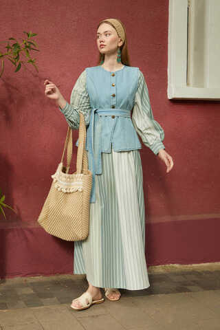 Denim Yelekli Elbise Takım Mint - 4