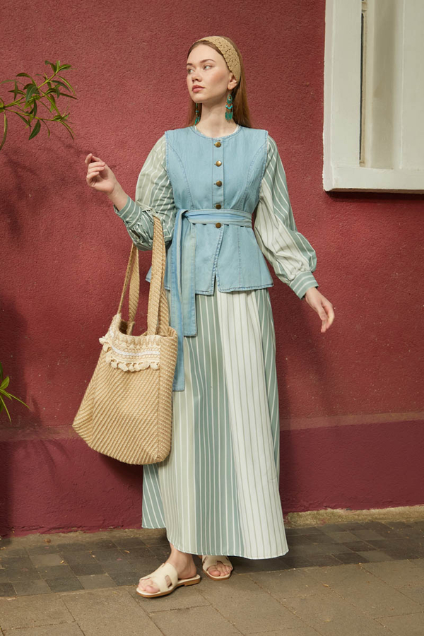 Denim Yelekli Elbise Takım Mint - 4