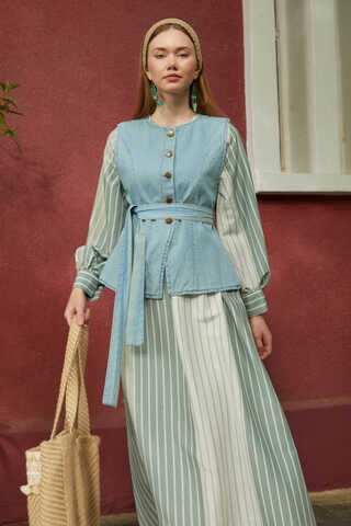 Denim Yelekli Elbise Takım Mint - 8