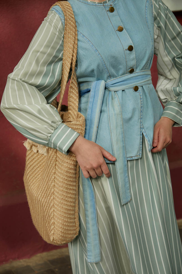 Denim Yelekli Elbise Takım Mint - 9