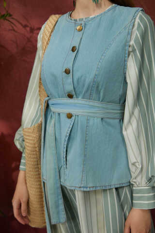 Denim Yelekli Elbise Takım Mint - 5