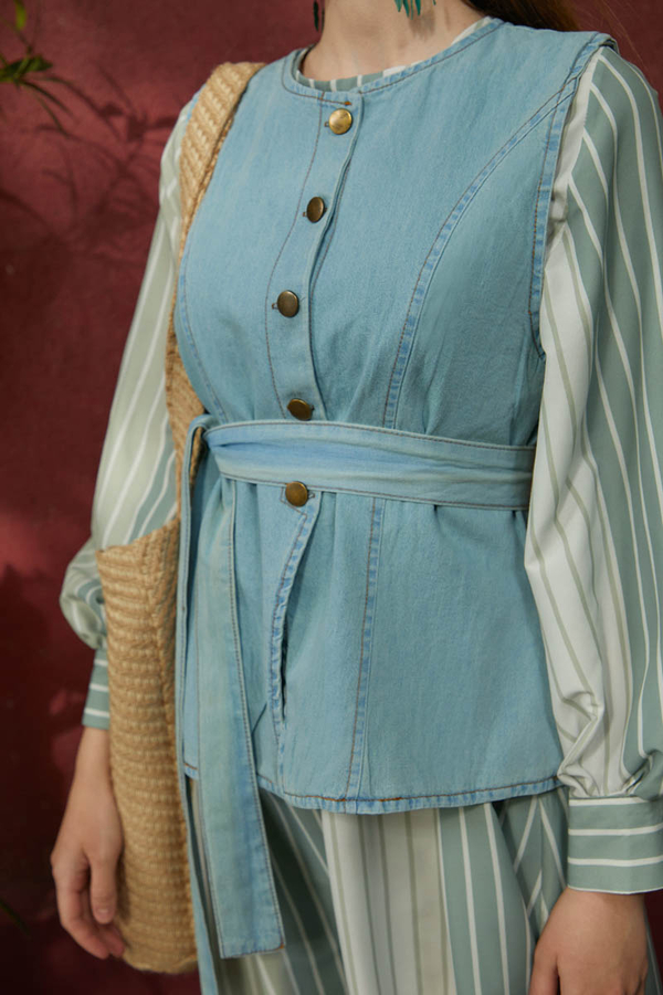 Denim Yelekli Elbise Takım Mint - 5