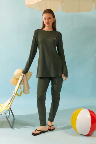 Deniz Kabuğu Desenli Tesettür Mayo Haki - 2