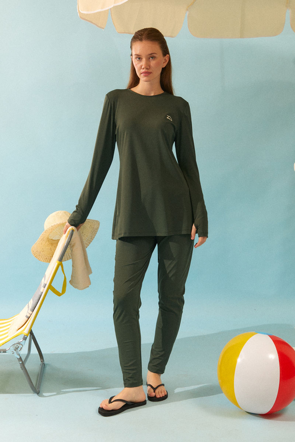 Deniz Kabuğu Desenli Tesettür Mayo Haki - 2