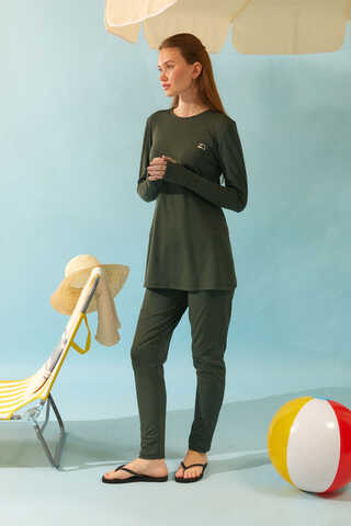 Deniz Kabuğu Desenli Tesettür Mayo Haki - 5