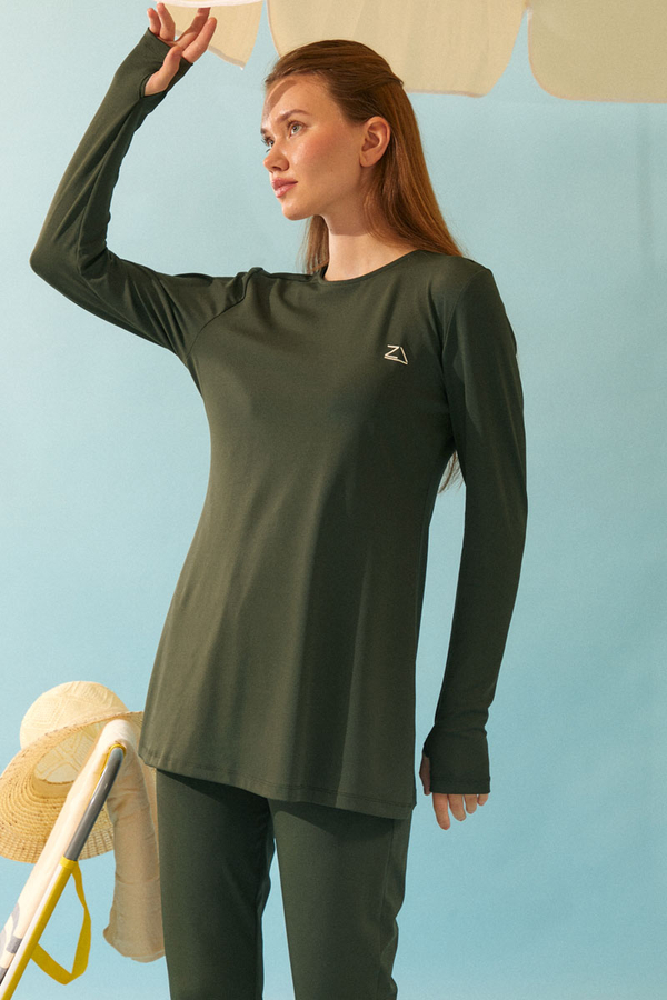 Deniz Kabuğu Desenli Tesettür Mayo Haki - 6