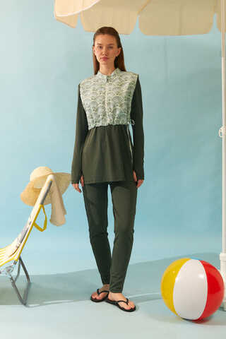 Deniz Kabuğu Desenli Tesettür Mayo Haki - 9