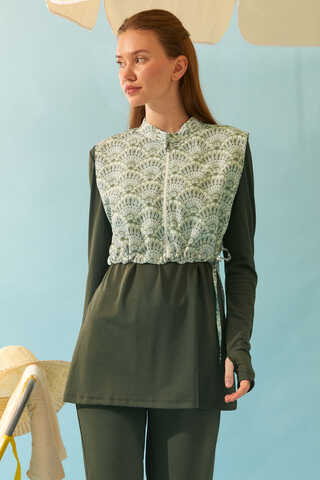 Deniz Kabuğu Desenli Tesettür Mayo Haki - 10