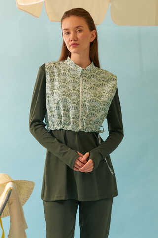 Deniz Kabuğu Desenli Tesettür Mayo Haki - 11