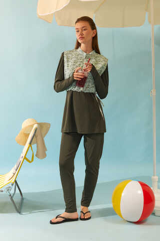 Deniz Kabuğu Desenli Tesettür Mayo Haki - 1