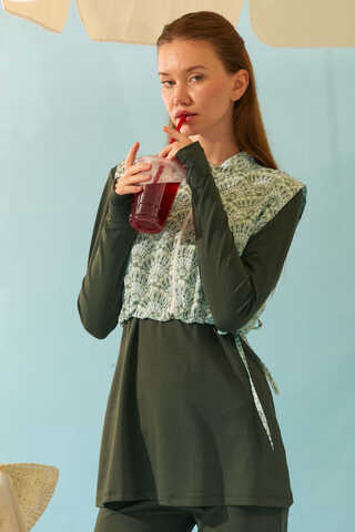 Deniz Kabuğu Desenli Tesettür Mayo Haki - 12