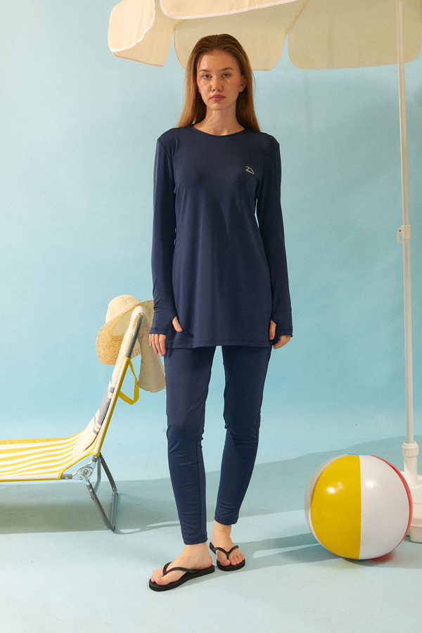 Seashell Pattern Modest Swimsuit Navy - 3