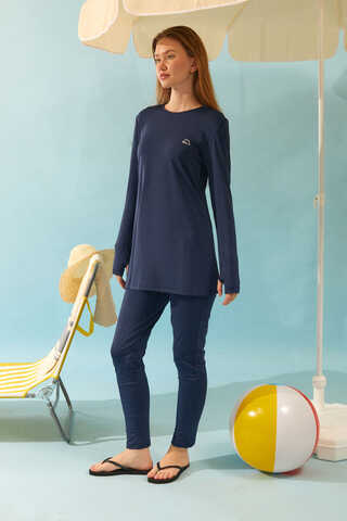 Seashell Pattern Modest Swimsuit Navy - 5