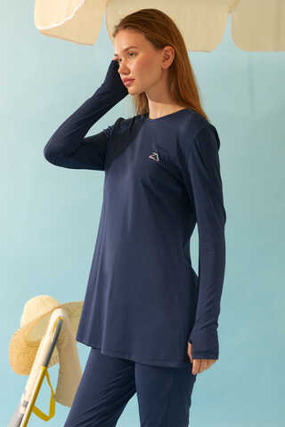 Seashell Pattern Modest Swimsuit Navy - 6
