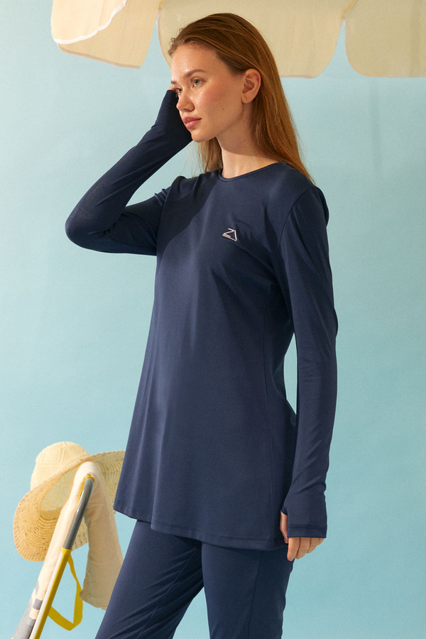 Seashell Pattern Modest Swimsuit Navy - 6