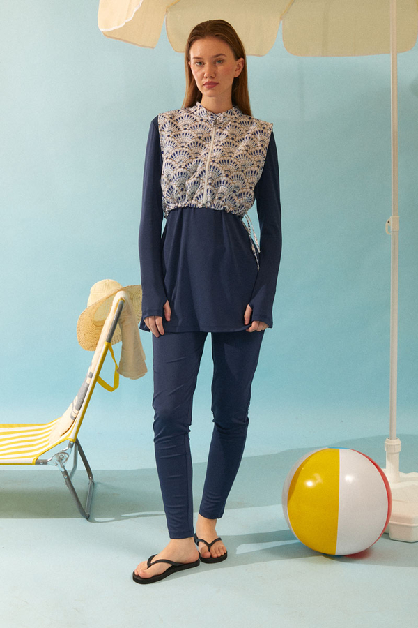 Seashell Pattern Modest Swimsuit Navy - 8