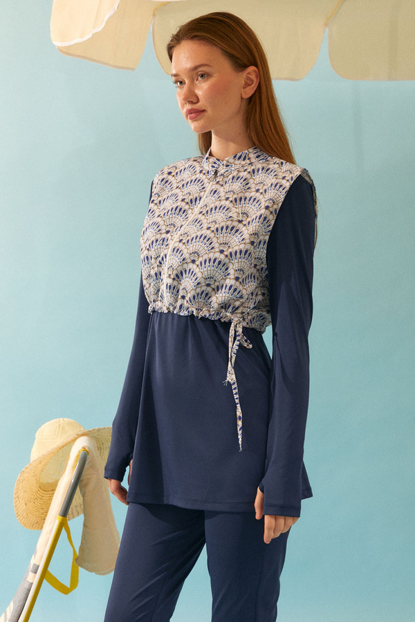 Seashell Pattern Modest Swimsuit Navy - 9