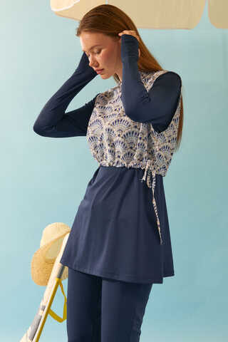 Seashell Pattern Modest Swimsuit Navy - 10