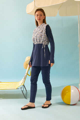 Seashell Pattern Modest Swimsuit Navy - 11