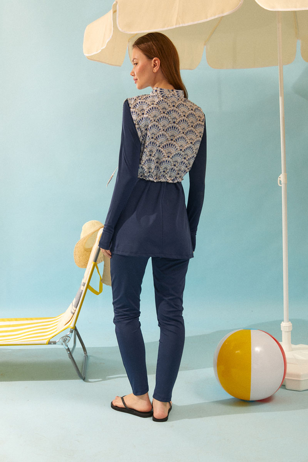 Seashell Pattern Modest Swimsuit Navy - 16