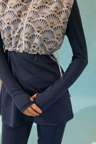 Seashell Pattern Modest Swimsuit Navy - 12