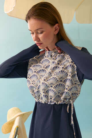 Seashell Pattern Modest Swimsuit Navy - 13
