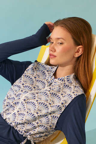 Seashell Pattern Modest Swimsuit Navy - 14