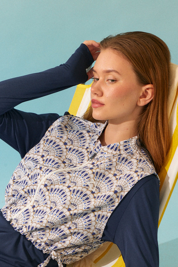 Seashell Pattern Modest Swimsuit Navy - 14