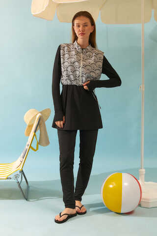 Deniz Kabuğu Desenli Tesettür Mayo Siyah - 10